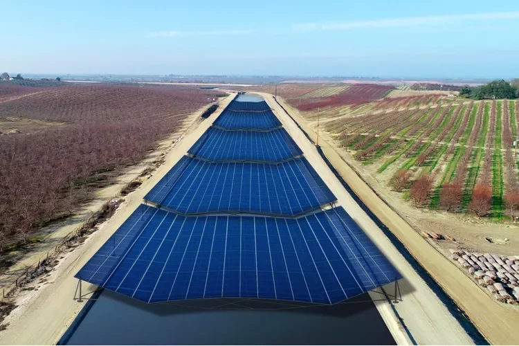 solar panels covering canal in California
