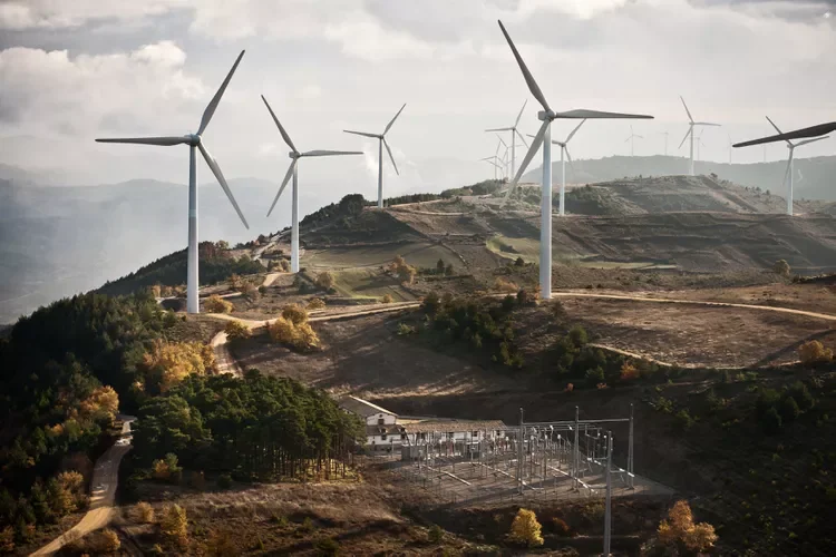 Wind farm and electrical substation.
