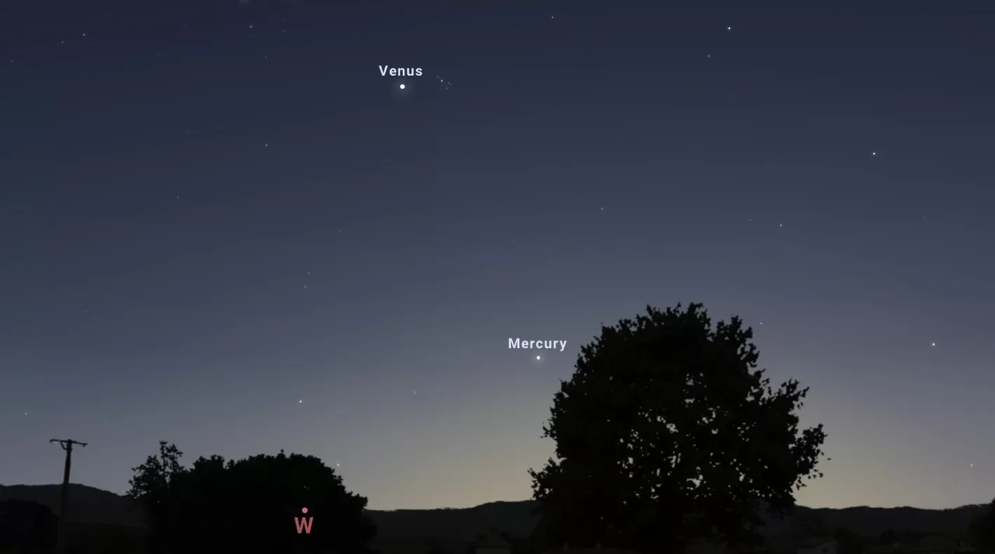 Mercury low on the western horizon on April 11th. This simulated image shows the night sky at approximately 8:30 p.m. EST.Stellarium