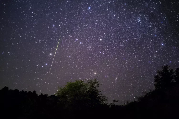 Meteor shower and starry night sky.