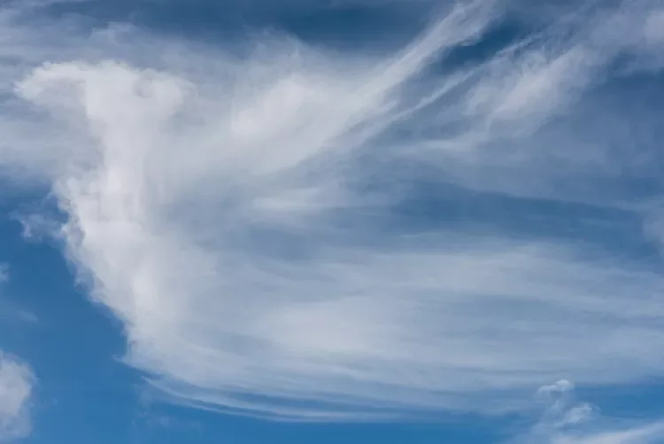 Thin, wispy cirrostratus clouds high up in a blue sky.