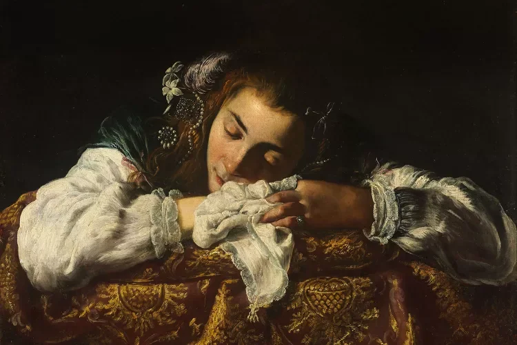 Oil painting of a person sleeping with an article of clothing