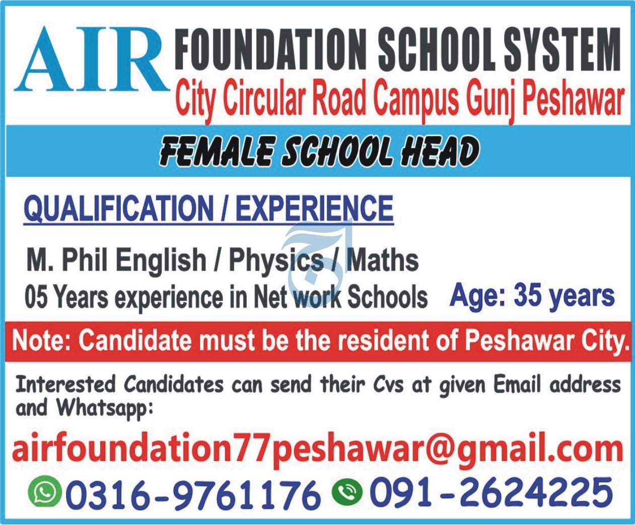 Air Foundation School System Peshawar — School Head Vacancies