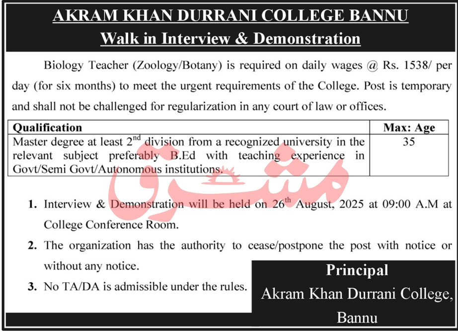 Akram Khan Durrani College Bannu-jobs-2025