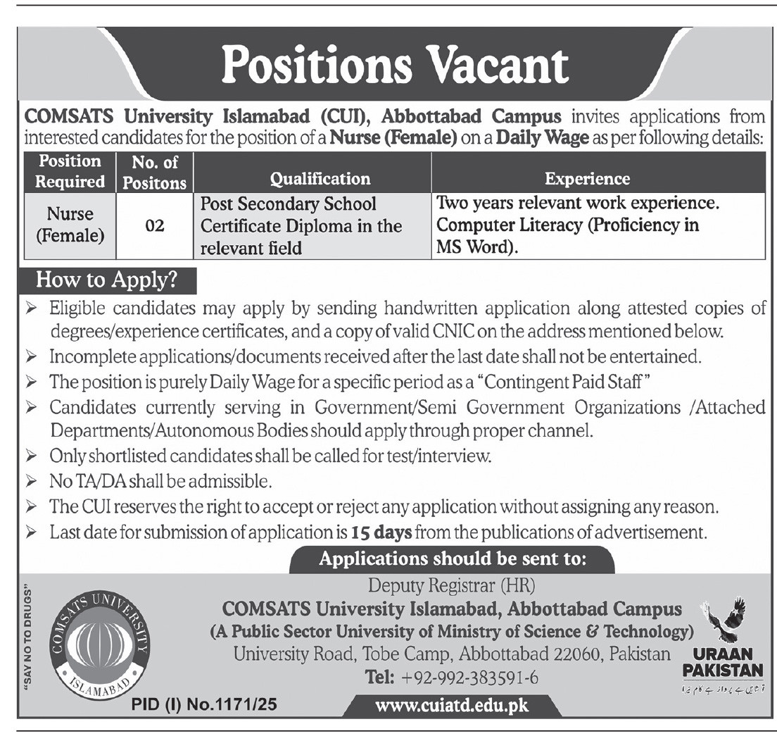 Comsats University Abbottabad Nurse Jobs 2025