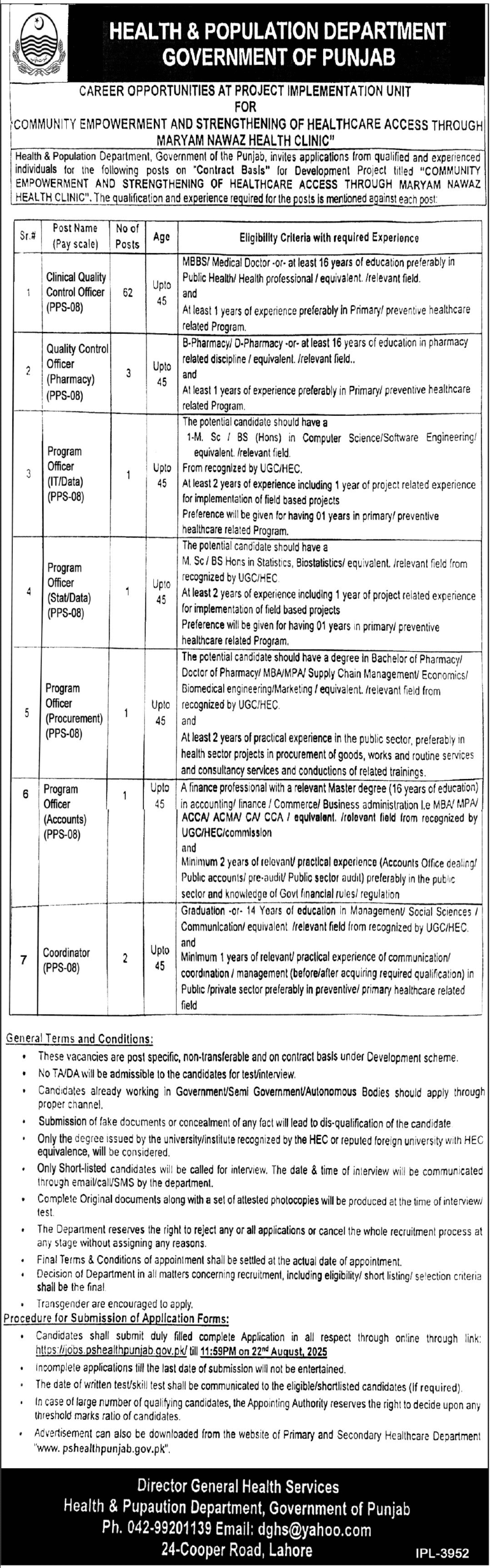 Health & Population Department Jobs 2025 Lahore